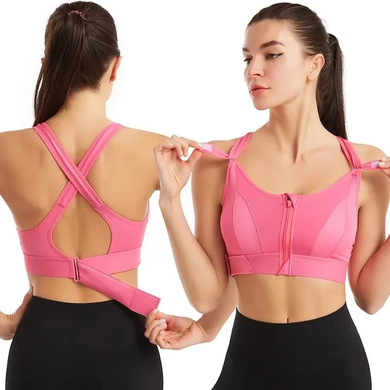 Soutien-gorge de sport pour femme, fermeture éclair avant, sangle réglable, antichoc, élastique, fitness, brassière athlétique, mince, yoga, haut court